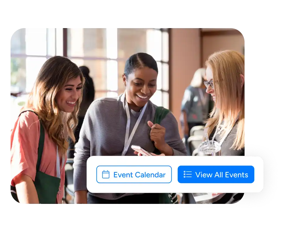happy colleagues behind event calendar buttons