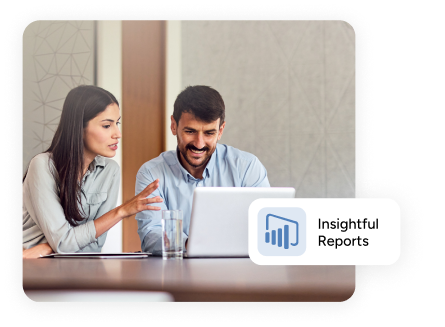 coworkers collaborate on a laptop computer, with a tooltip that reads 'insightful reports'