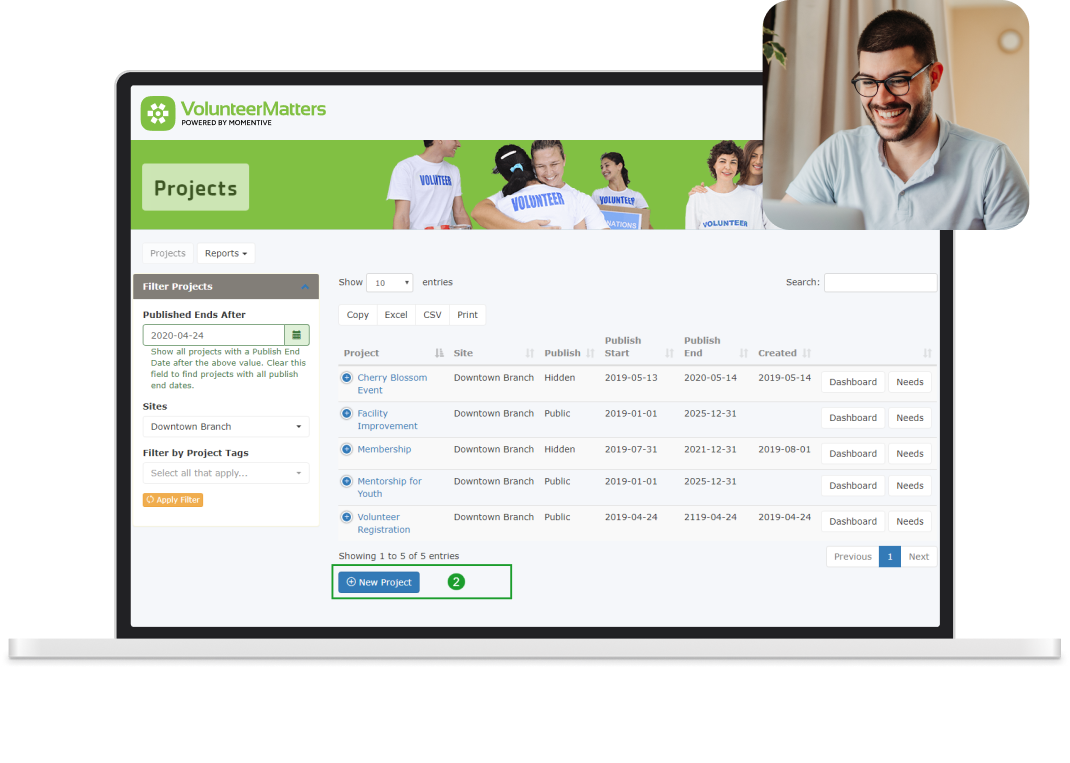 VolunteerMatters dashboard screen