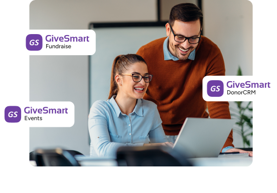 givesmart logos over a photo of coworkers looking at a laptop
