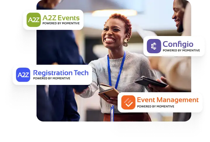 an event organizer smiling, surrounded by event management software logos