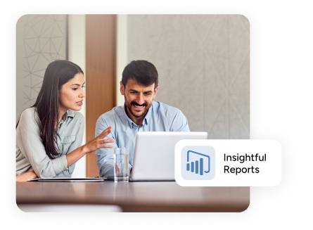coworkers collaborate on a laptop computer, with a tooltip that reads 'insightful reports'