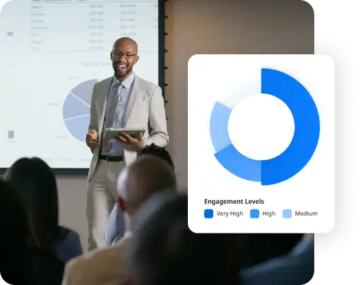 man presents member engagement data