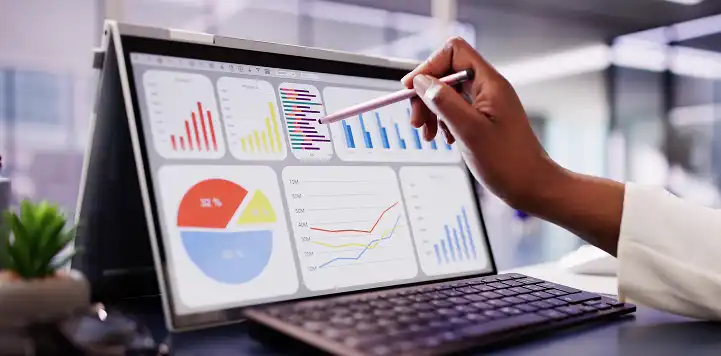 a tablet screen with data visualization graphics