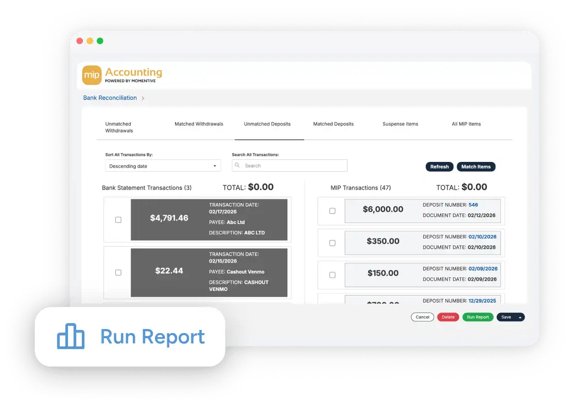 screen with a button to run a report