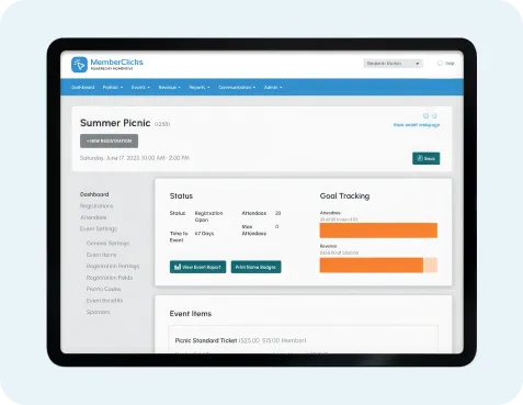 MemberClicks event management screen