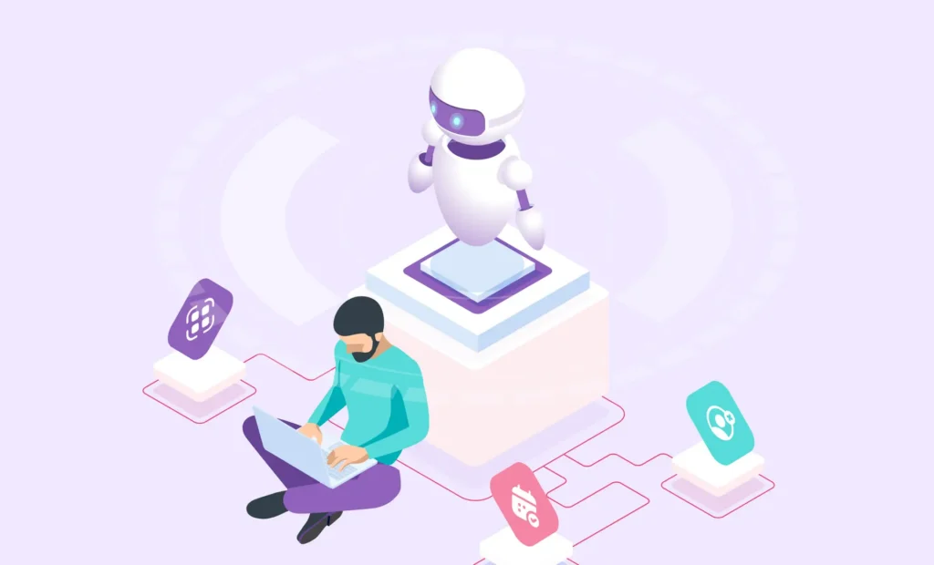 illustration showing a robot helping a man who is working on his computer