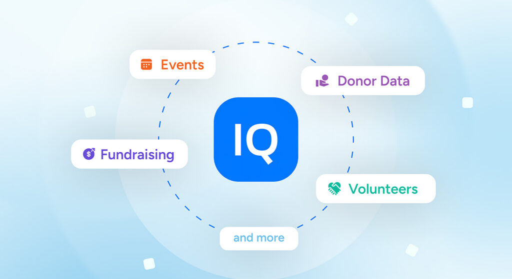 IQ logo surrounded with tags related to nonprofits