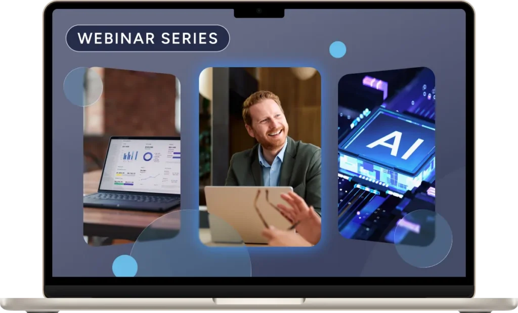 webinar series label over a collage of images on a laptop