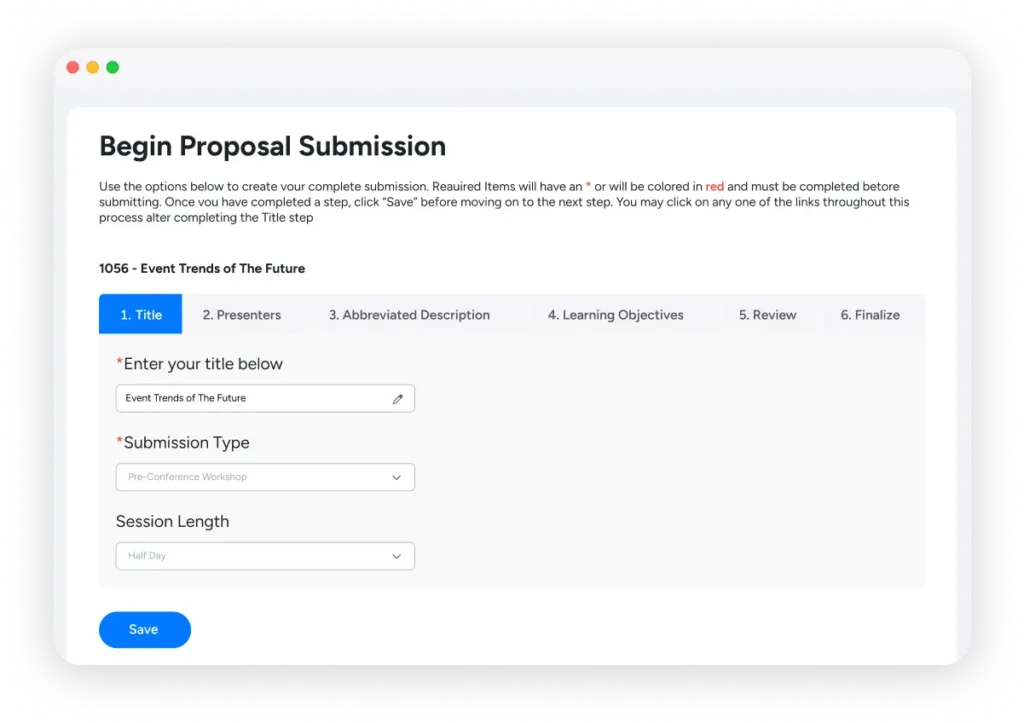 User interface of Momentive Software's abstract management tool for handling event and conference submissions.