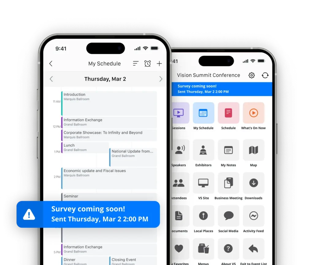 Mobile event app interface by Momentive Software for attendee scheduling and agenda management.