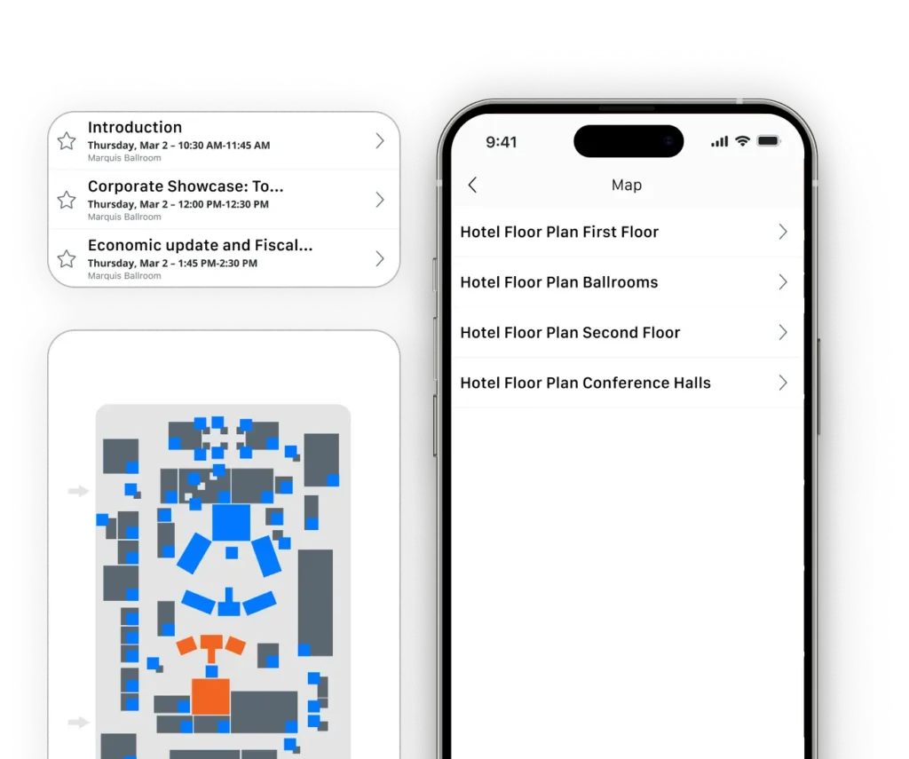 Hotel floor plan layout for event planning and room assignments by Momentive Software.