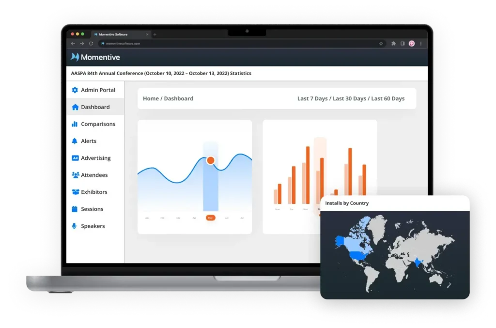 Admin portal dashboard by Momentive Software for managing event content, sessions, and speaker assignments.